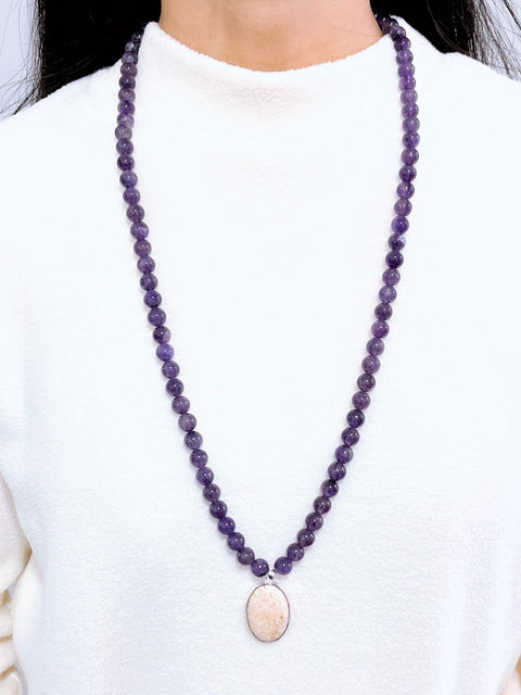 Amethyst Beads Necklace With Lily Fossil Pendant - SF