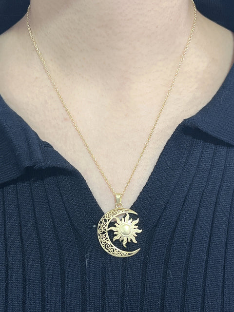 14k Gold Plated Sun & Moon Drop Pendant Necklace - GF