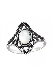 Sterling Silver Filigree Ring & Created Fire Snow Opal - SS