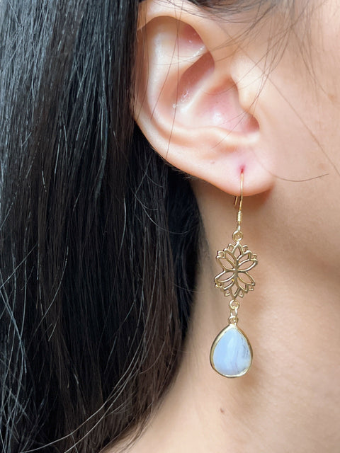 Blue Lace Agate & Lotus Drop Earrings - GF