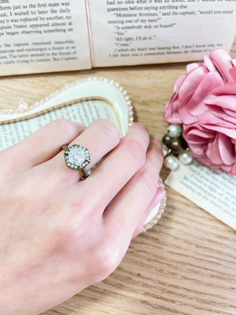 Raw Brass & Crystal Octagon Ring - BR