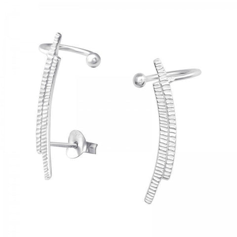 Sterling Silver Curved Stud Earrings With Cuff - SS