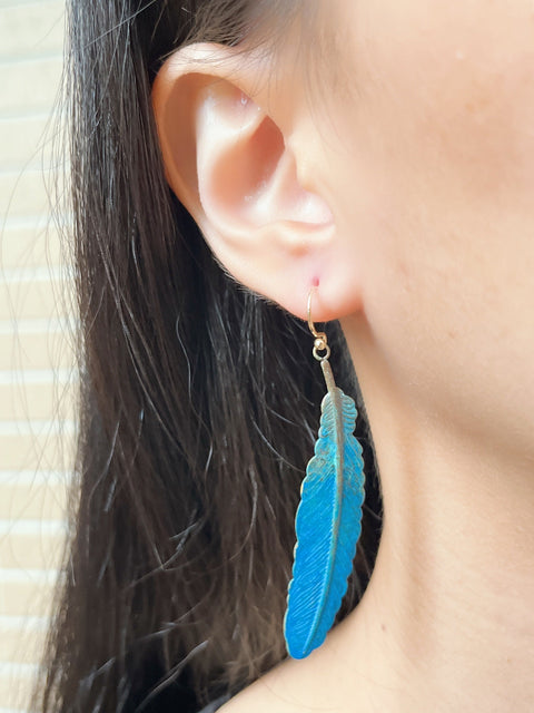 Blue Patina Over Brass Feather Earrings - BR