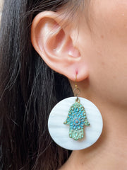 Natural Patina Hamsa & MOP Drop Earrings - BR