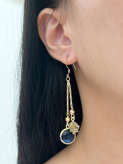 London Blue Crystal & Lotus Drop Earrings In Gold - GF