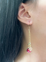 Raspberry Crystal & Lotus Drop Earrings In Gold - GF