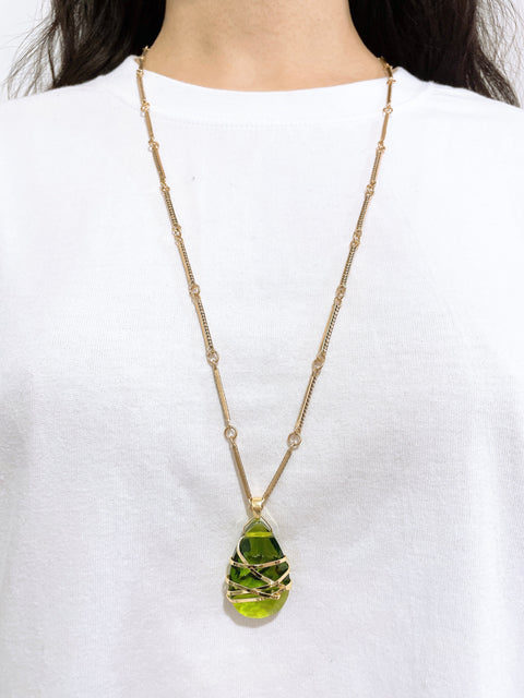 Peridot Crystal Long Wrapped Pendant Necklace - GF