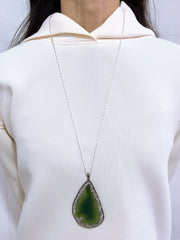 Green Druzy Agate With Marcasite Pendant Necklace - SF