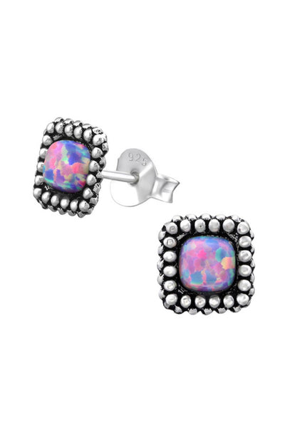 Sterling Silver Square Ear Studs With Opal - SS