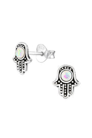 Sterling Silver Hamsa Ear Studs With Synthetic Opal - SS