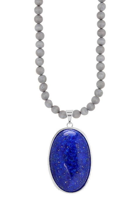 Gray Druzy Quartz Beads Necklace With Lapis Pendant - SF