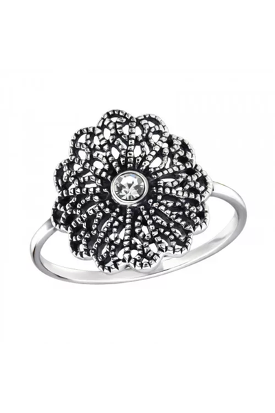 Sterling Silver Filigree Flower Ring With Crystal - SS