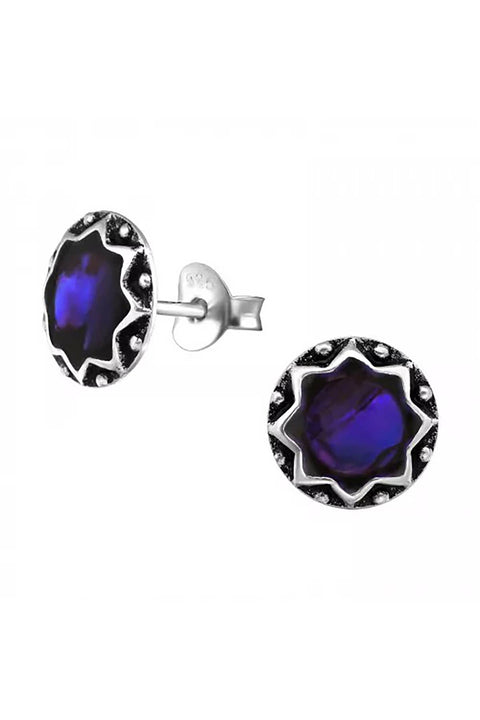 Sterling Silver Round Ear Studs & Imitation Stone - SS