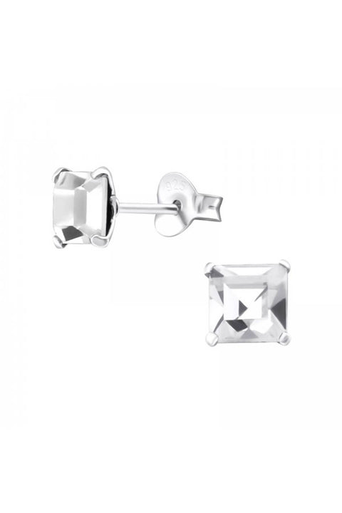 Sterling Silver Square 6mm Ear Studs With Crystals - SS
