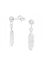 Sterling Silver Ear Studs & Hanging Feather & Crystal - SS