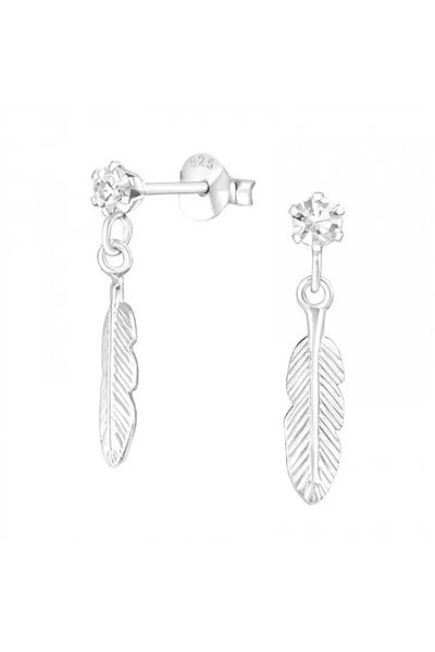 Sterling Silver Ear Studs & Hanging Feather & Crystal - SS