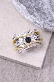 Black Onyx Floral Pattern Spinner Ring - SF