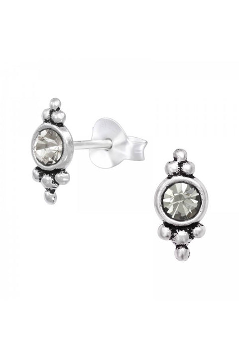 Sterling Silver Antique Ear Studs With Crystal - SS