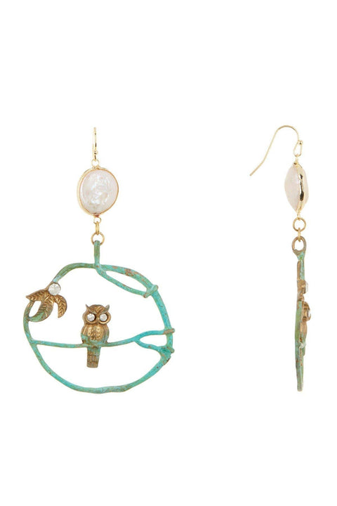 Natural Patina & MOP Perched Owl Earrings - BR