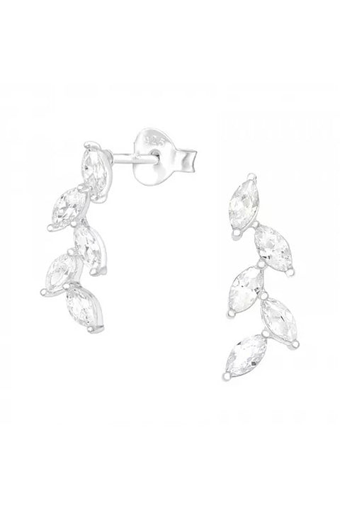 Sterling Silver Olive Leaf Ear Studs With CZ - SS