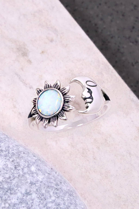 White Created Opal & Sterling Silver Sun & Moon Ring - SS