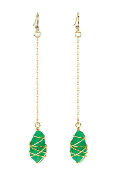 Green Chalcedony Crystal Wire Wrapped Dangle Earrings - GF