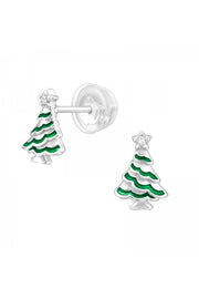 Sterling Silver Christmas Tree Ear Studs & CZ - SS