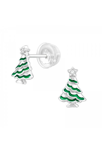 Sterling Silver Christmas Tree Ear Studs & CZ - SS