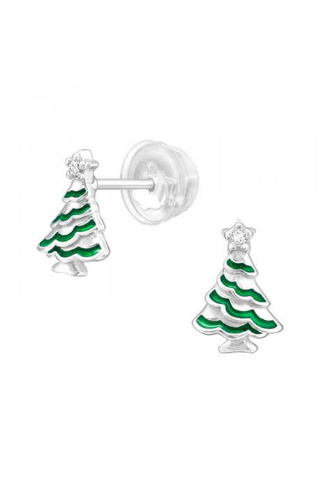 Sterling Silver Christmas Tree Ear Studs & CZ - SS