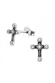 Sterling Silver Cross Ear Studs With Cubic Zirconia - SS