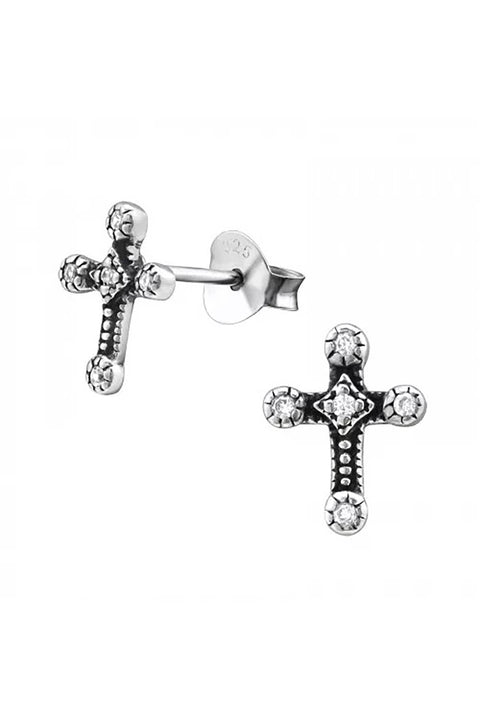 Sterling Silver Cross Ear Studs With Cubic Zirconia - SS