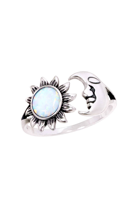 White Created Opal & Sterling Silver Sun & Moon Ring - SS