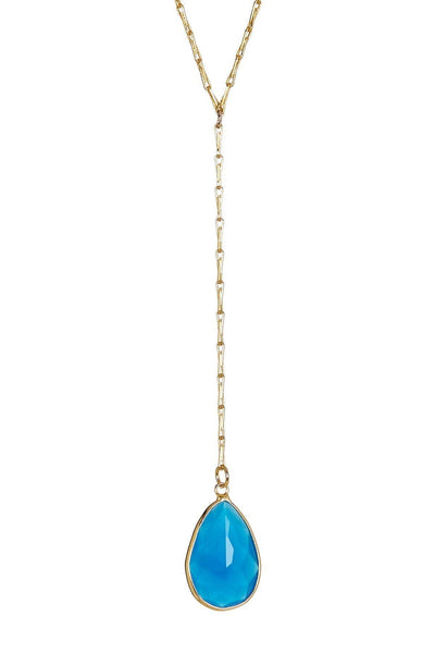 Blue Chalcedony Crystal Pear Cut Cabochon Y Necklace - GF