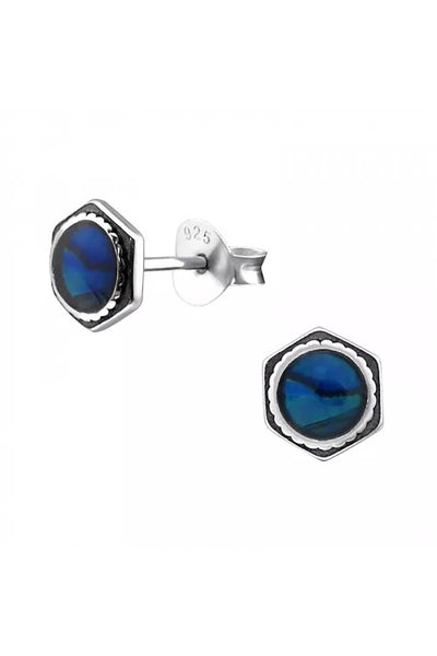 Sterling Silver Hexagonal Ear Studs & Imitation Stone - SS