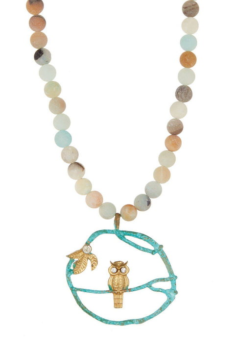 Amazonite Beads Necklace With Patina Owl Pendant - BR