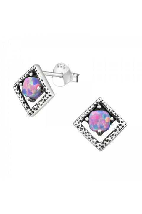 Sterling Silver Square Ear Studs With Opal - SS
