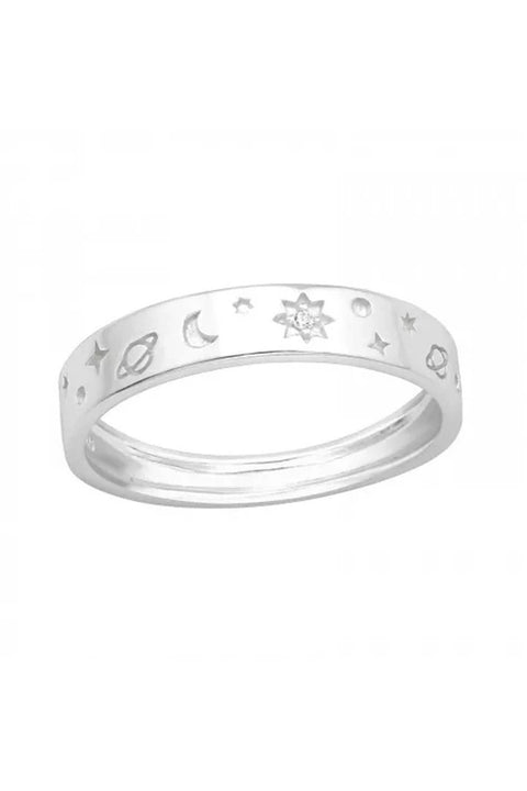 Sterling Silver Star and Moon Band Ring With CZ - SS