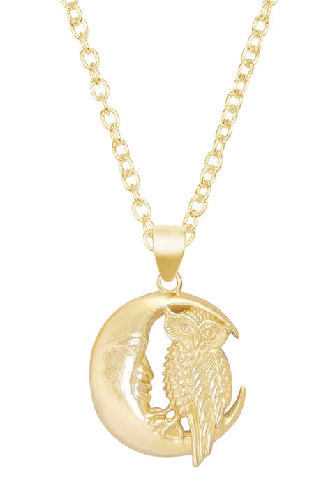 14k Gold Plated Moon & Owl Pendant Necklace - GF