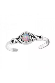 Sterling Silver Patterned Adjustable Toe Ring With Opal - SS