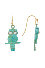 Natural Verdigris Patina Owl Drop Earrings - BR