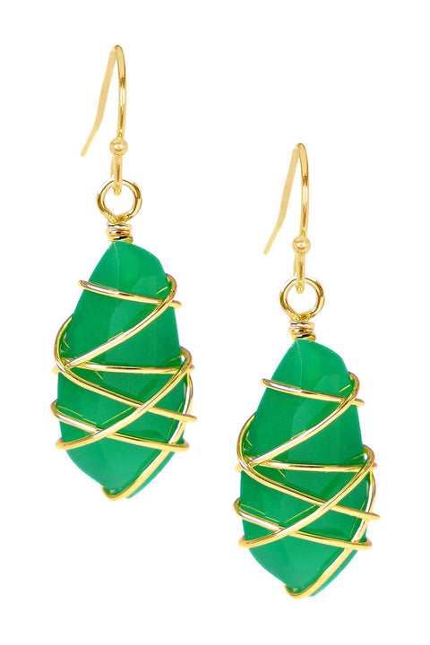 Green Chalcedony Crystal Wire Wrapped Drop Earrings - GF