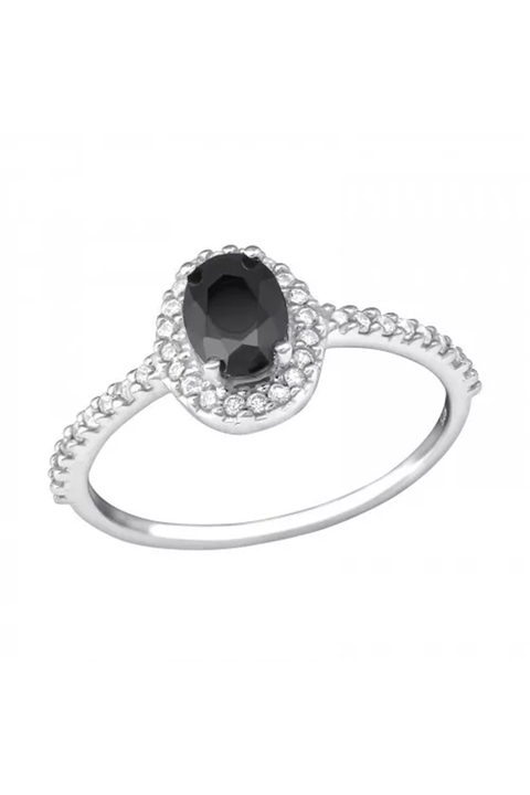 Sterling Silver Halo Ring With Black Spinel & CZ - SS