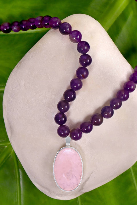 Amethyst Beads Necklace With Rose Quartz Pendant - SF