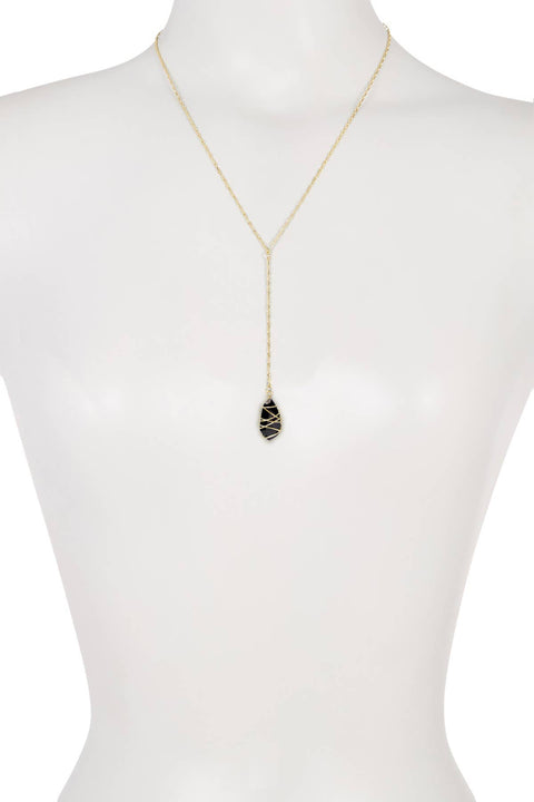 Black Crystal Wire Wrapped Y Necklace - GF