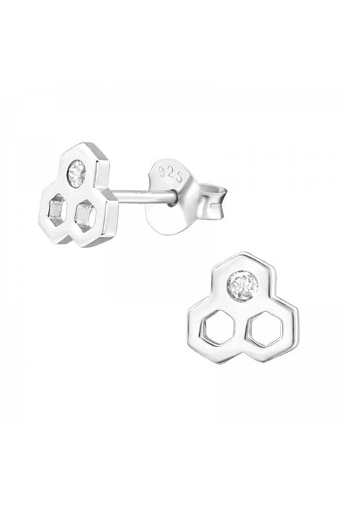 Sterling Silver Honeycomb Ear Studs With Cubic Zirconia - SS