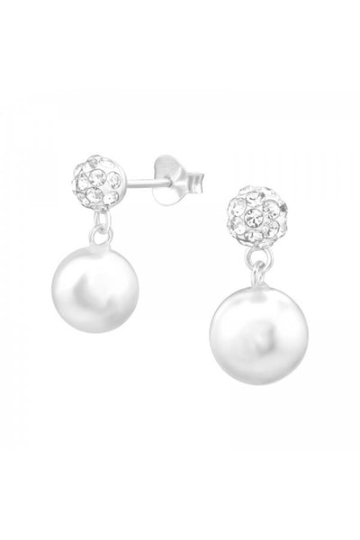 Sterling Silver Crystal Ear Studs With Hanging Pearl - SS