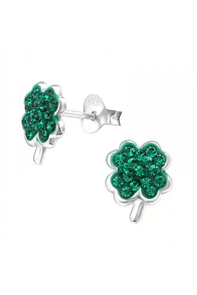 Sterling Silver Lucky Clover Ear Studs With Crystal - SS