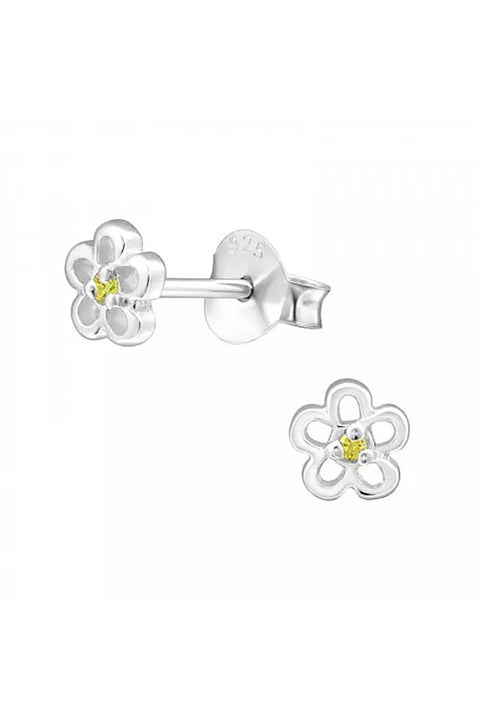 Sterling Silver Birthstone Flower Ear Studs With CZ - SS