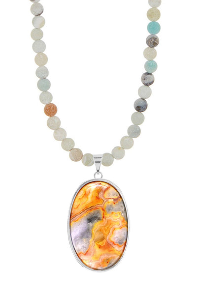 Amazonite Beads Necklace With Crazy Lace Agate Pendant - SF