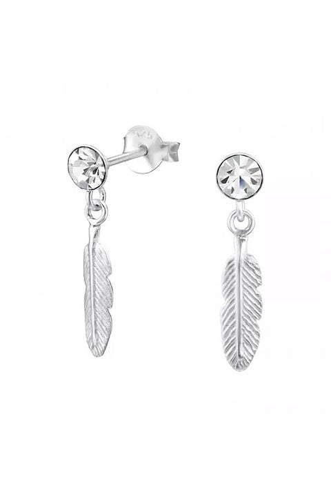 Sterling Silver Hanging Feather Ear Studs With Crystal - SS